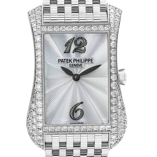 The image shows a close-up, front view of the Patek Philippe Gondolo 4972/1G-001 Women's White Gold Mother of Pearl Dial 4972/1G-001 Women's White Gold Mother of Pearl Dial watch, highlighting the dial and parts of the bracelet.