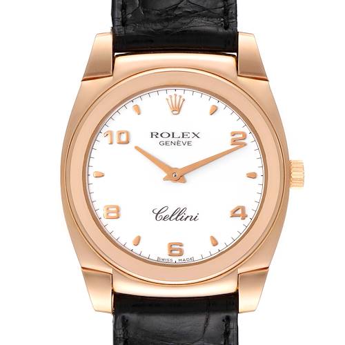 This image shows a front view of a Rolex Cellini 5330 Women's Rose Gold White Dial 5330 Women's Rose Gold White Dial watch, displaying its dial, hands, case, and part of the black leather strap.