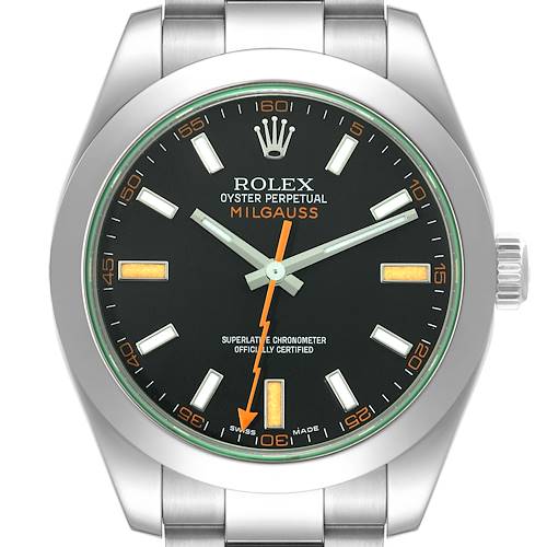 The image shows a front view of a Rolex Milgauss 116400 Men's Stainless Steel Black Dial 116400 Men's Stainless Steel Black Dial watch, highlighting the face, bezel, and part of the band.