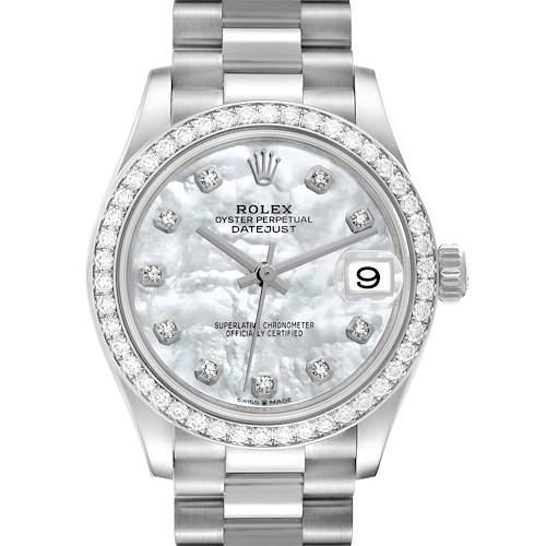 The Rolex President 278289 Women's White Gold Mother of Pearl Dial 278289 Women's White Gold Mother of Pearl Dial model watch is shown from the front, highlighting its face, bezel, and bracelet.