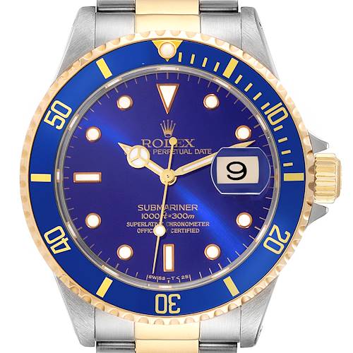 The image shows a front view of the Rolex Submariner 16613 Men's Steel and Gold (two tone) Blue Dial 16613 Men's Steel and Gold (two tone) Blue Dial watch, featuring its dial, bezel, and partial stainless steel and gold bracelet.