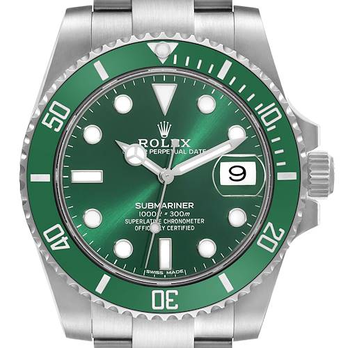 The image shows a front view of a Rolex Submariner 116610LV Men's Stainless Steel Green Dial 116610LV Men's Stainless Steel Green Dial watch, displaying its green dial, bezel, and stainless steel bracelet.