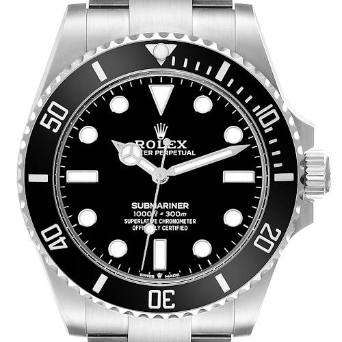 This image shows a front view of a Rolex Submariner 124060 Men's Stainless Steel Black Dial 124060 Men's Stainless Steel Black Dial watch displaying its dial, hands, bezel, and part of the bracelet.