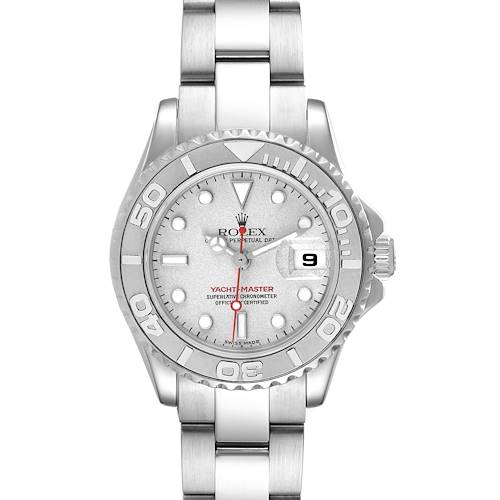 This image shows a frontal view of the Rolex Yacht-Master 169622 Women's Stainless Steel Silver Dial 169622 Women's Stainless Steel Silver Dial watch, highlighting the dial, bezel, and bracelet.