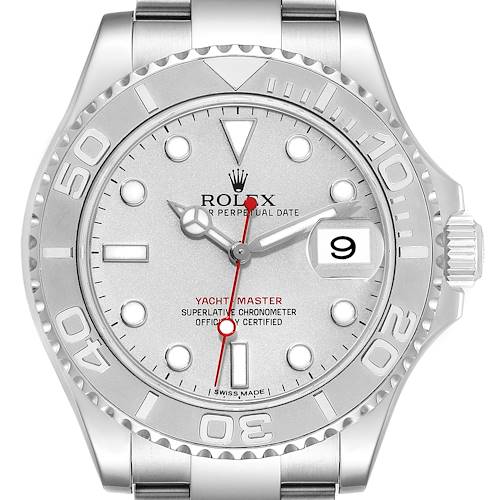 The image shows a front view of a Rolex Yacht-Master 116622 Men's Stainless Steel Silver Dial 116622 Men's Stainless Steel Silver Dial watch, displaying the dial, bezel, and part of the bracelet.