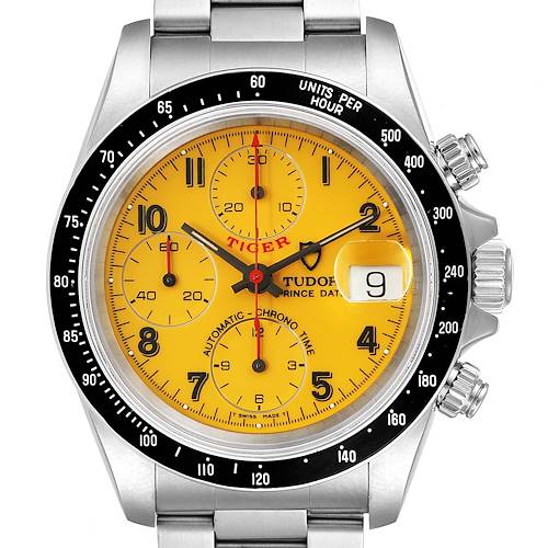 This is a front view of a Tudor Tiger 79260 Men's Stainless Steel Yellow Dial 79260 Men's Stainless Steel Yellow Dial model watch displaying its yellow dial, chronograph subdials, and stainless steel case.