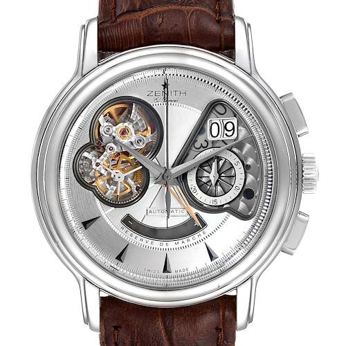 This is a frontal view of a Zenith Chronomaster 03.0240.4039/01.C610 Men's Stainless Steel Silver Dial 03.0240.4039/01.C610 Men's Stainless Steel Silver Dial watch, showcasing its intricate dial, exposed movement, and brown leather strap.