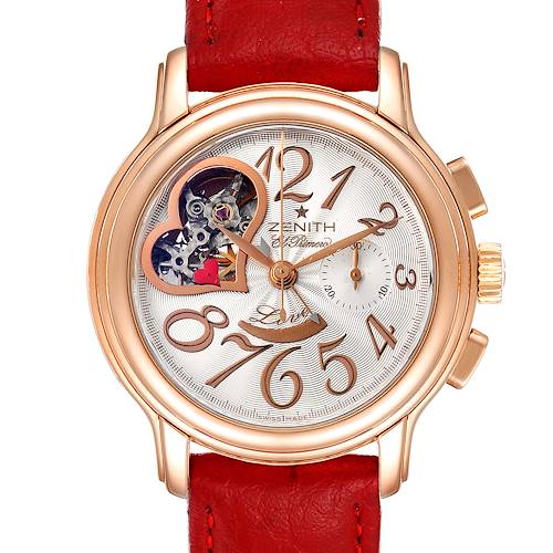 The image shows the Zenith 18.1230.4021/01.C588 Women's Rose Gold Silver Dial 18.1230.4021/01.C588 Women's Rose Gold Silver Dial El Primero watch from a front angle, highlighting the face, mechanical inner workings, and red strap.