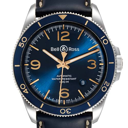 The image shows a front view of the Bell & Ross Heritage BRV292-BU-G-ST/SCA Men's Stainless Steel Blue Dial BRV292-BU-G-ST/SCA Men's Stainless Steel Blue Dial model watch, highlighting its dial, bezel, and strap.