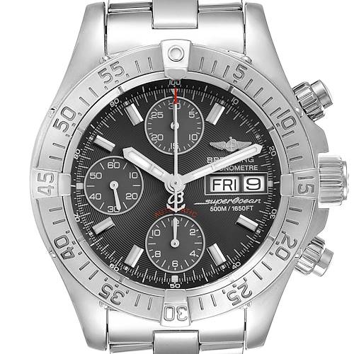 The Breitling Superocean A13340 Men's Stainless Steel Grey Dial A13340 Men's Stainless Steel Grey Dial watch is shown from a front angle, highlighting the dial, bezel, and chronograph features.