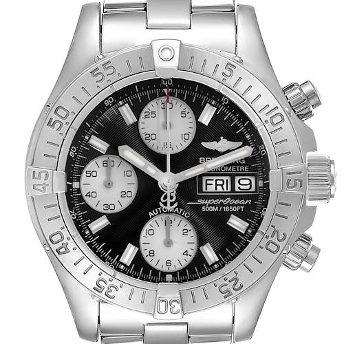 The Breitling Superocean A13340 Men's Stainless Steel Grey Dial A13340 Men's Stainless Steel Grey Dial watch is shown from a front angle, displaying the dial, bezel, crown, and chronograph sub-dials.