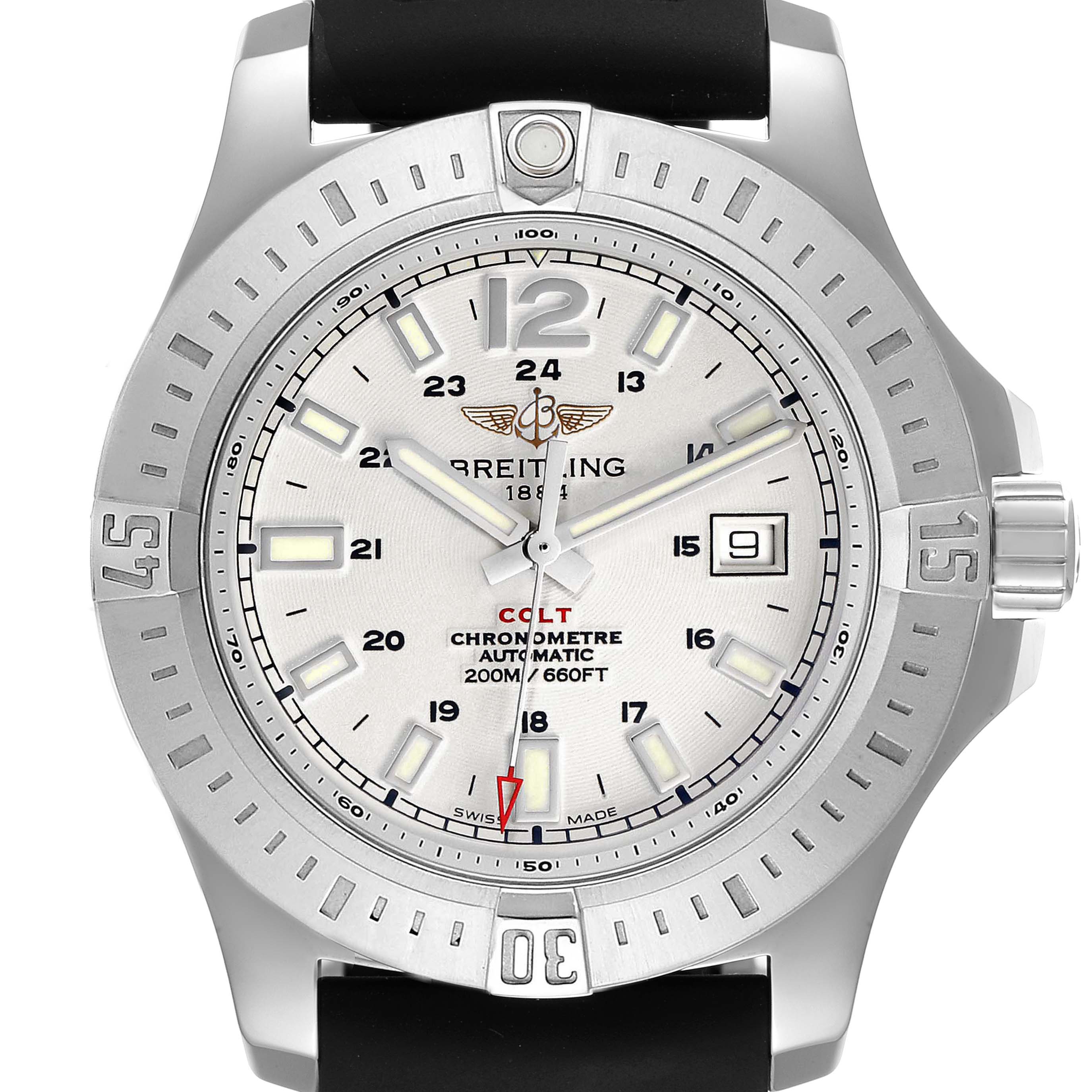 The image shows a frontal view of the Breitling Colt A1738811/G791 Men's Stainless Steel White Dial A1738811/G791 Men's Stainless Steel White Dial watch, displaying the dial, bezel, hands, and crown.