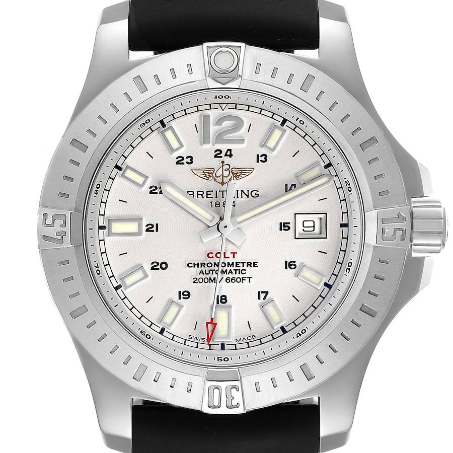 The image shows a frontal view of the Breitling Colt A1738811/G791 Men's Stainless Steel White Dial A1738811/G791 Men's Stainless Steel White Dial watch, displaying the dial, bezel, hands, and crown.