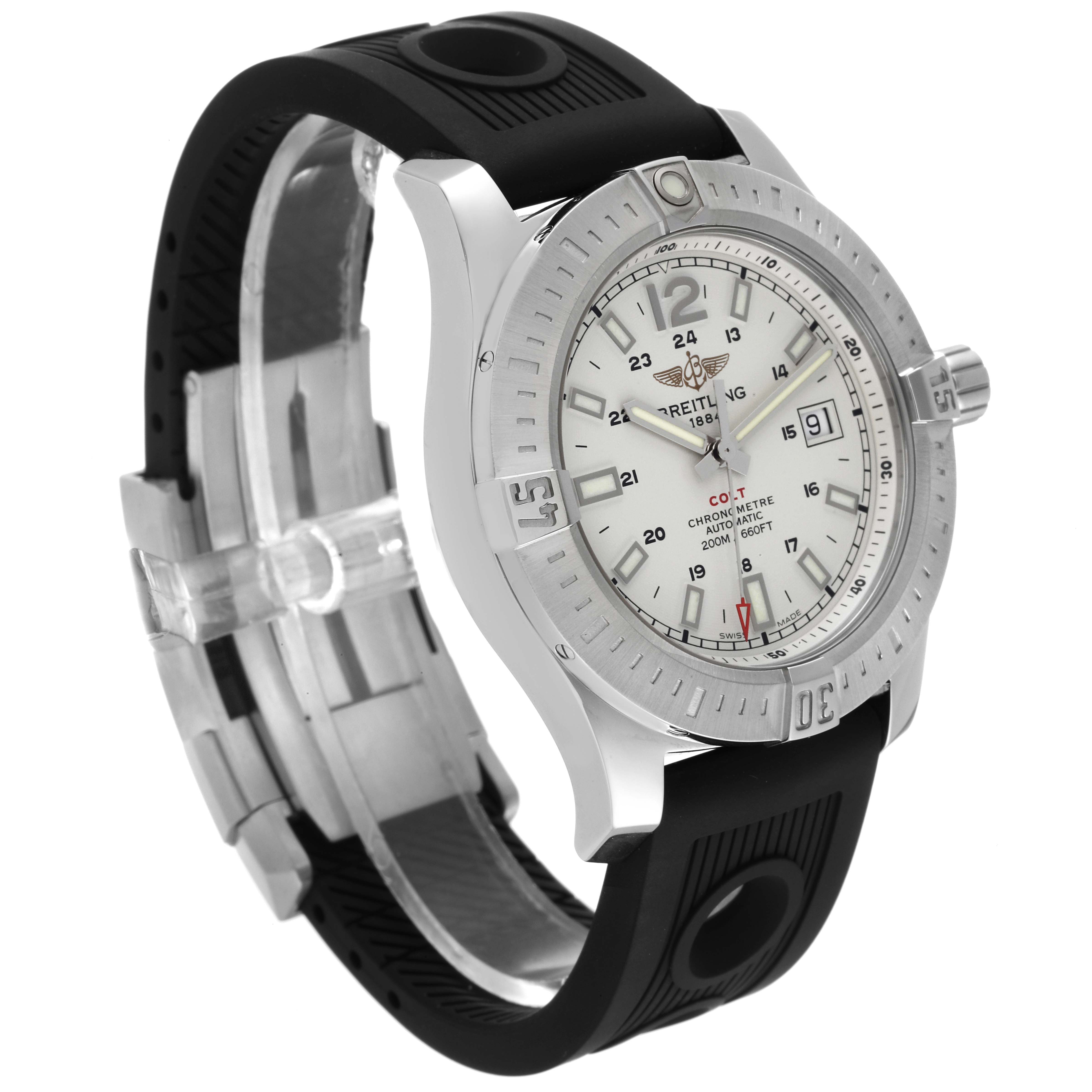 The Breitling Colt A1738811/G791 Men's Stainless Steel White Dial A1738811/G791 Men's Stainless Steel White Dial watch is shown at an angled view, highlighting its bezel, crown, dial, and black strap.