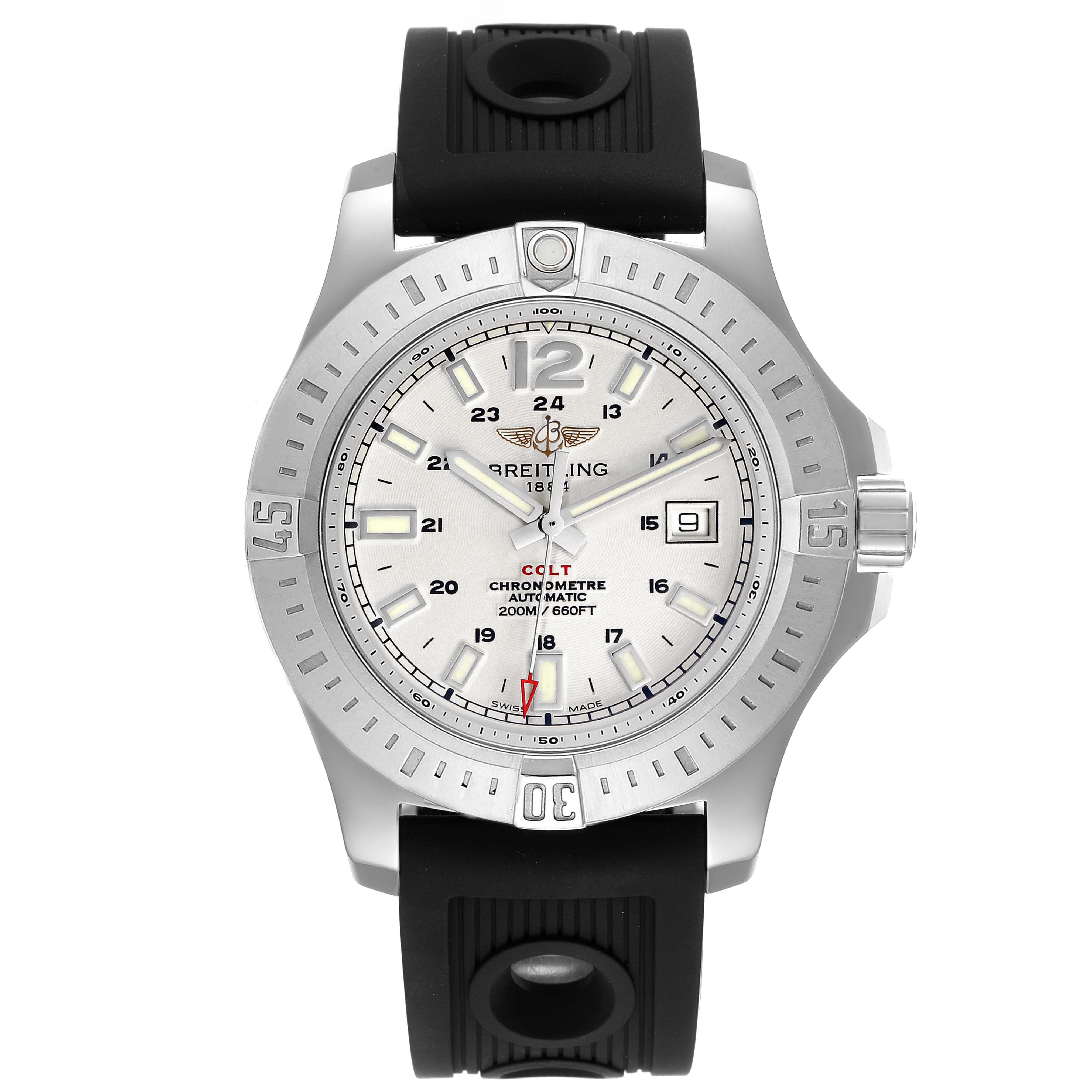 The image shows a front view of the Breitling Colt A1738811/G791 Men's Stainless Steel White Dial A1738811/G791 Men's Stainless Steel White Dial watch, displaying the dial, bezel, crown, and black rubber strap.
