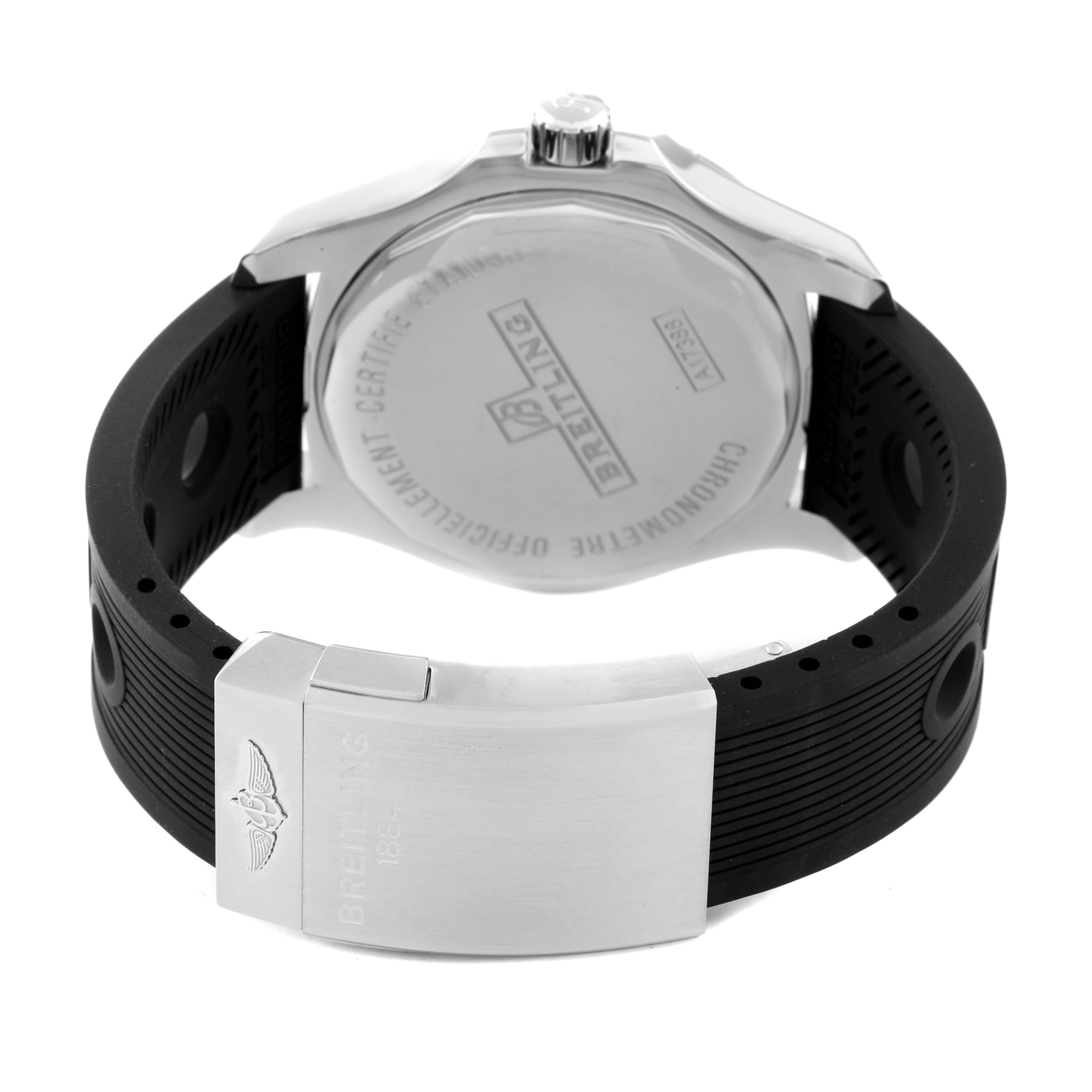 The image shows the back of a Breitling Colt A1738811/G791 Men's Stainless Steel White Dial A1738811/G791 Men's Stainless Steel White Dial watch and its black rubber strap, featuring the clasp.