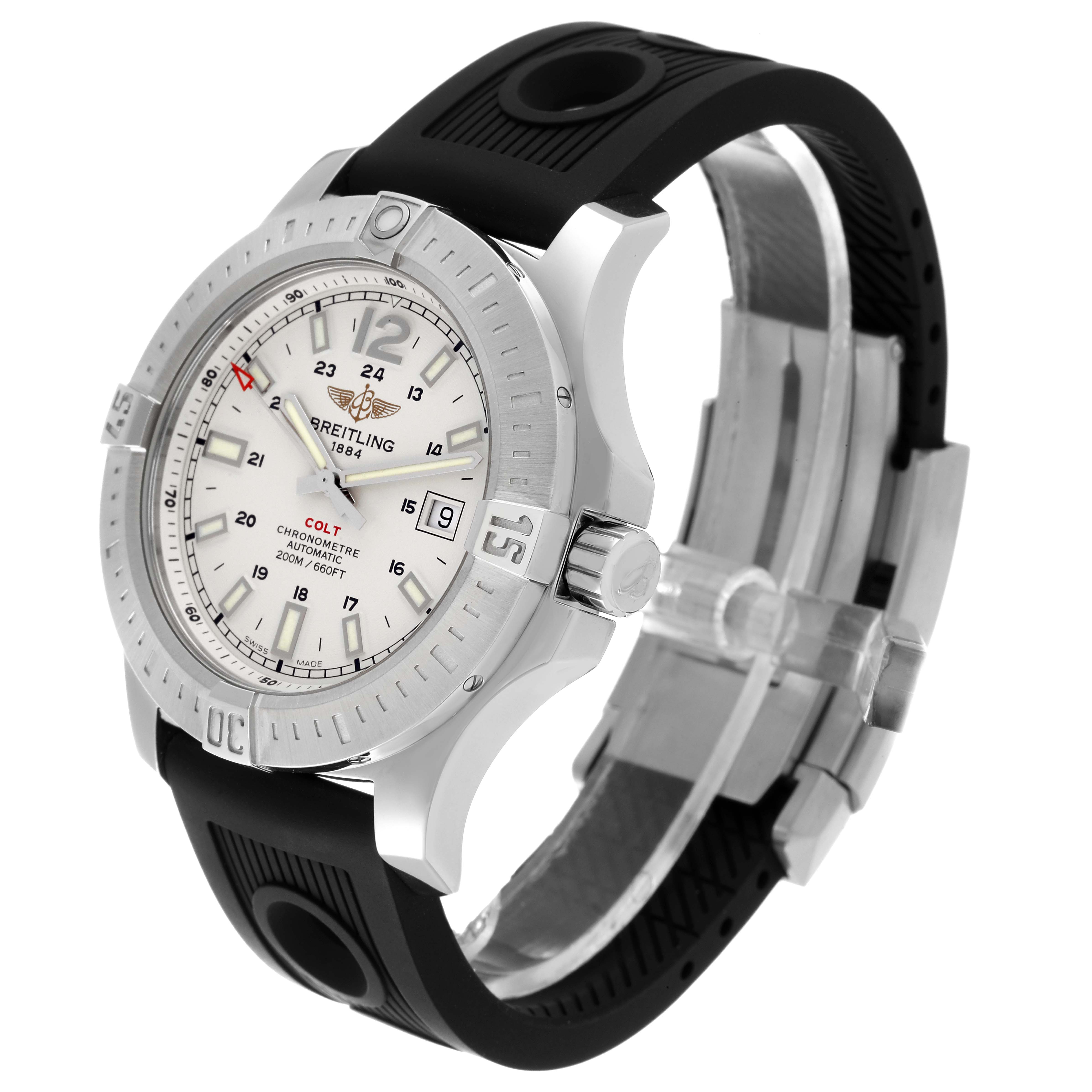 This image shows a Breitling Colt A1738811/G791 Men's Stainless Steel White Dial A1738811/G791 Men's Stainless Steel White Dial watch at a three-quarter angle, highlighting the face, bezel, and rubber strap.
