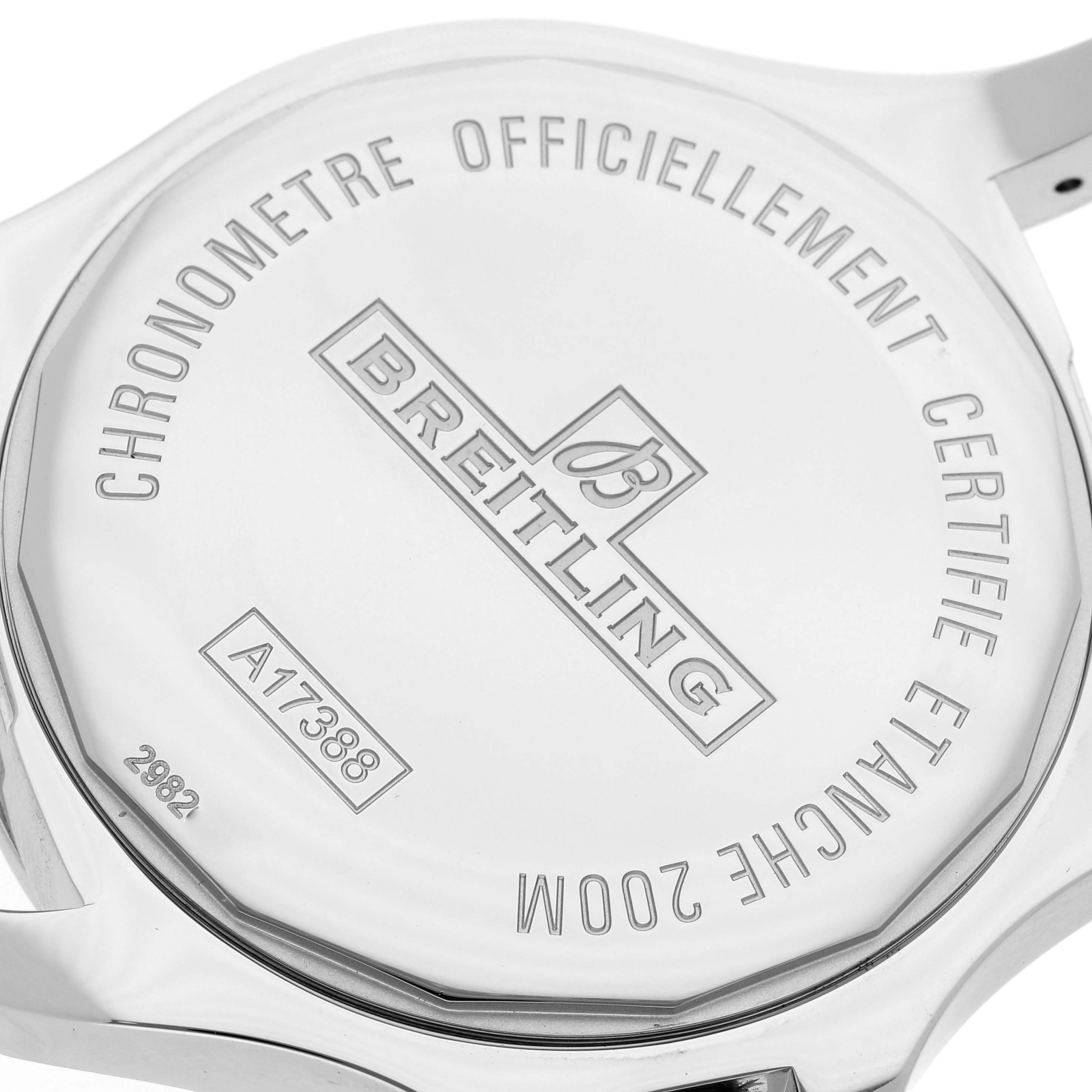 The image shows the back case of a Breitling Colt A1738811/G791 Men's Stainless Steel White Dial A1738811/G791 Men's Stainless Steel White Dial watch featuring engraved details about certification and water resistance.