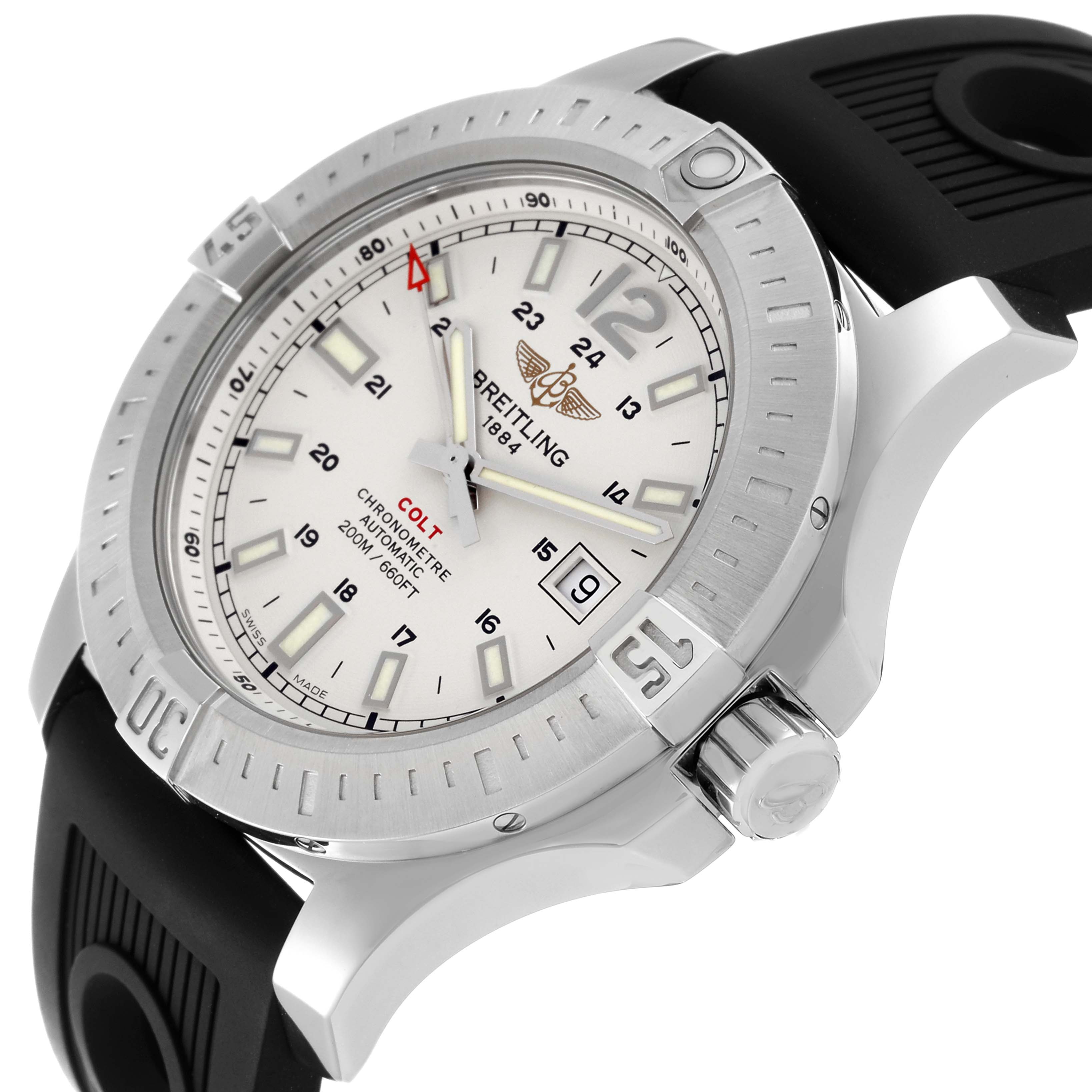 The image shows a close-up three-quarter view of the Breitling Colt A1738811/G791 Men's Stainless Steel White Dial A1738811/G791 Men's Stainless Steel White Dial watch, highlighting the dial, bezel, and crown.