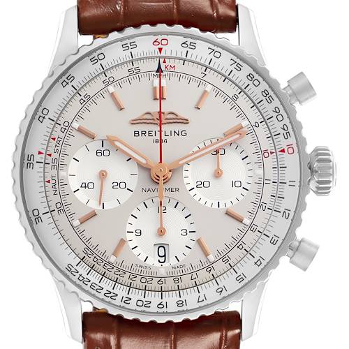 The Breitling Navitimer AB0139211L1P1 Men's Stainless Steel Silver Dial AB0139211L1P1 Men's Stainless Steel Silver Dial watch is shown from the front, displaying its face, chronograph dials, bezel, and a portion of the leather strap.