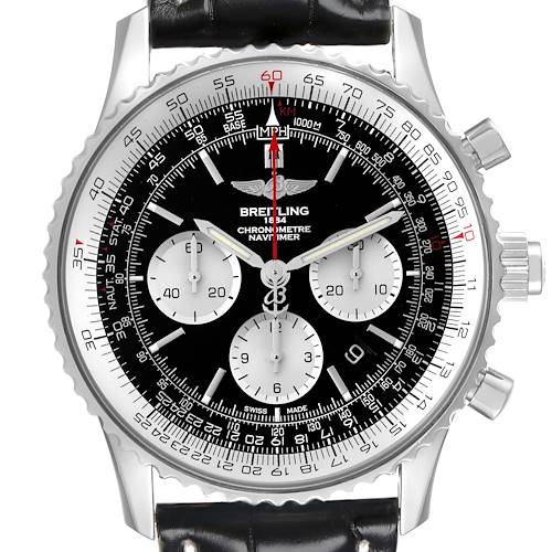 The Breitling Navitimer AB0310 Men's Stainless Steel Black Dial AB0310 Men's Stainless Steel Black Dial watch is shown from a front angle, highlighting its black dial, chronograph subdials, and bezel.