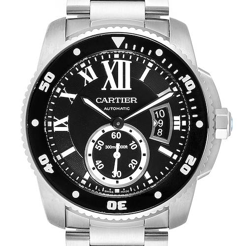 The image shows a front view of the Calibre de Cartier watch by Cartier, highlighting its dial and stainless steel band.