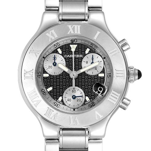 The image shows a frontal view of the Cartier Must 21 Chronoscaph W10172T2 Men's Stainless Steel Black Dial W10172T2 Men's Stainless Steel Black Dial watch, displaying the face, bezel, and bracelet.