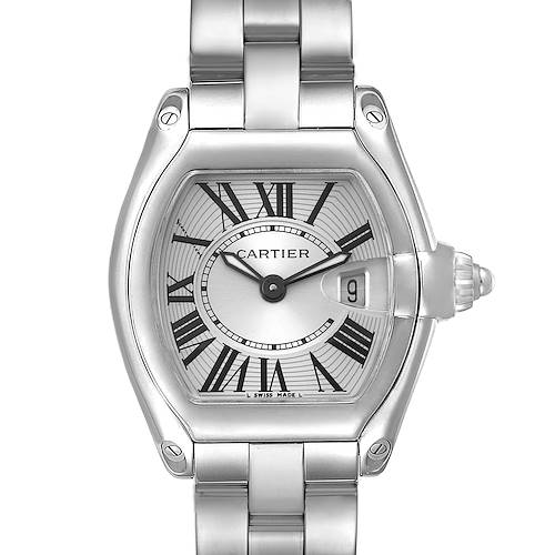 The image shows a front view of the Cartier Roadster W62016V3 Women's Stainless Steel Silver Dial W62016V3 Women's Stainless Steel Silver Dial watch, highlighting the dial, case, crown, and part of the bracelet.