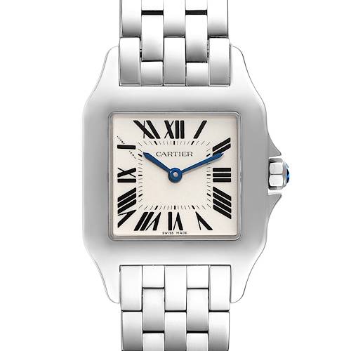 The image shows a front view of the Cartier Santos Demoiselle W25065Z5 Women's Stainless Steel Silver Dial W25065Z5 Women's Stainless Steel Silver Dial watch, highlighting its face, bezel, and bracelet.