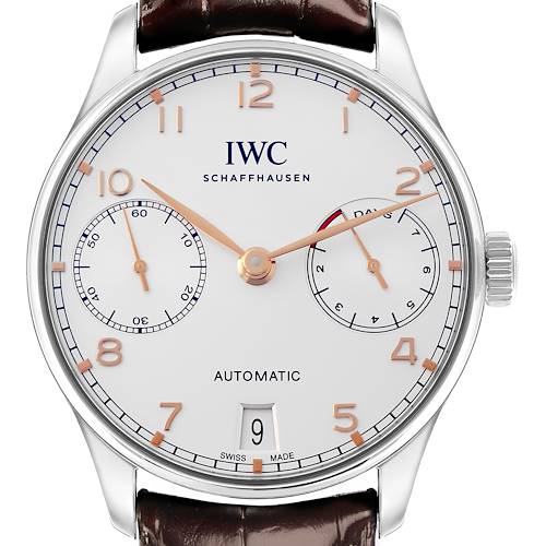 The IWC Portuguese IW500704 Men's Stainless Steel Silver Dial IW500704 Men's Stainless Steel Silver Dial model is shown from a front angle, displaying the dial, subdials, crown, and part of the strap.