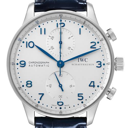 The IWC Portuguese IW371446 Men's Stainless Steel Silver Dial IW371446 Men's Stainless Steel Silver Dial watch is shown from the front, displaying the dial, two subdials, and crown.
