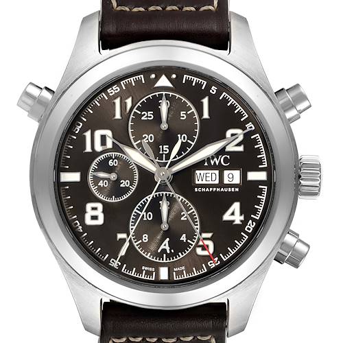 This image shows a close-up of the IWC Pilot IW371808 Men's Stainless Steel Brown Dial IW371808 Men's Stainless Steel Brown Dial model watch, focusing on its dial, chronograph subdials, and date display.