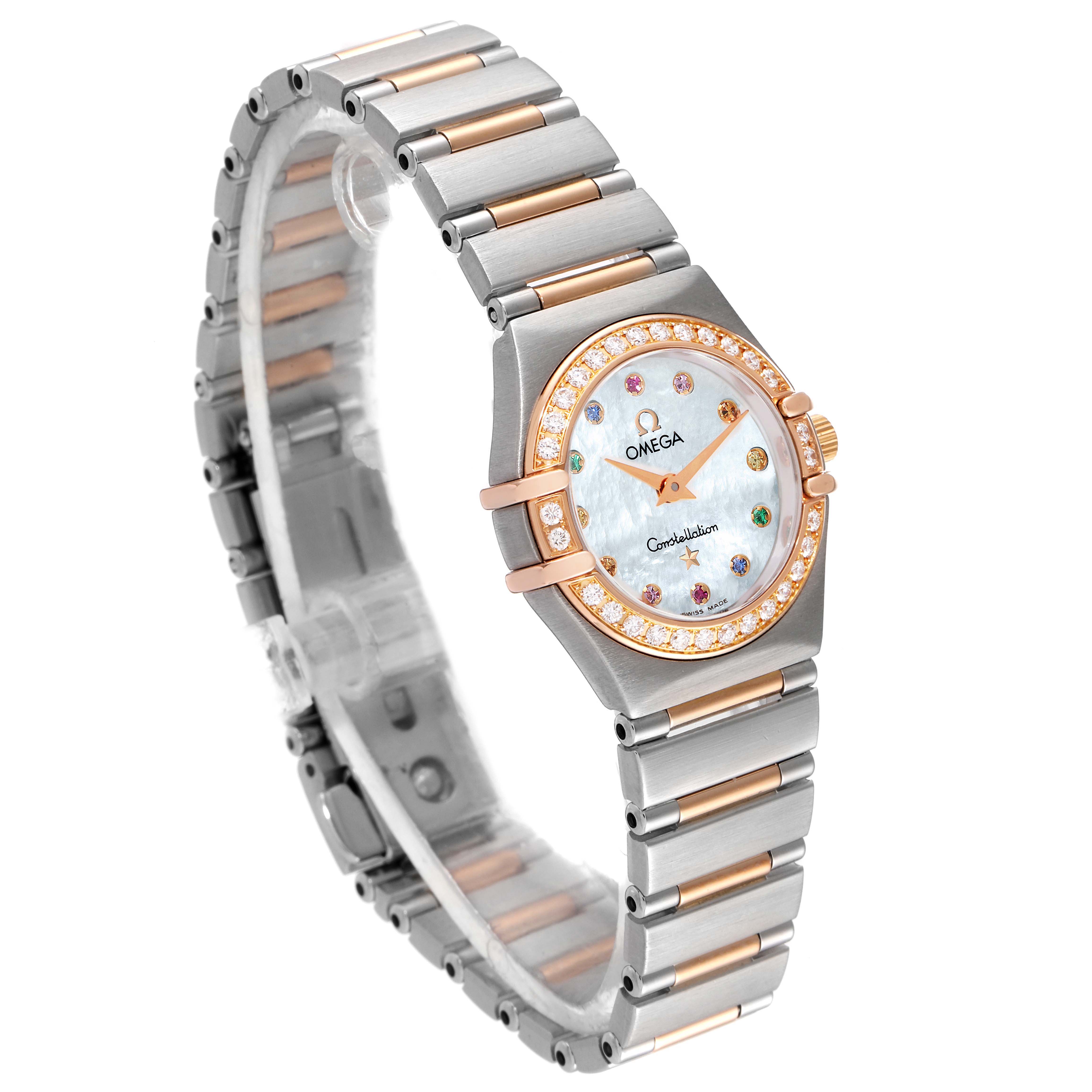The Omega 1360.79.00 Women's Steel and Gold (two tone) Mother of Pearl Dial 1360.79.00 Women's Steel and Gold (two tone) Mother of Pearl Dial Constellation Iris Steel Rose Gold Mother of Pearl Ladies Watch 1360.79.00 is shown at an angled view highlighting its band and face.