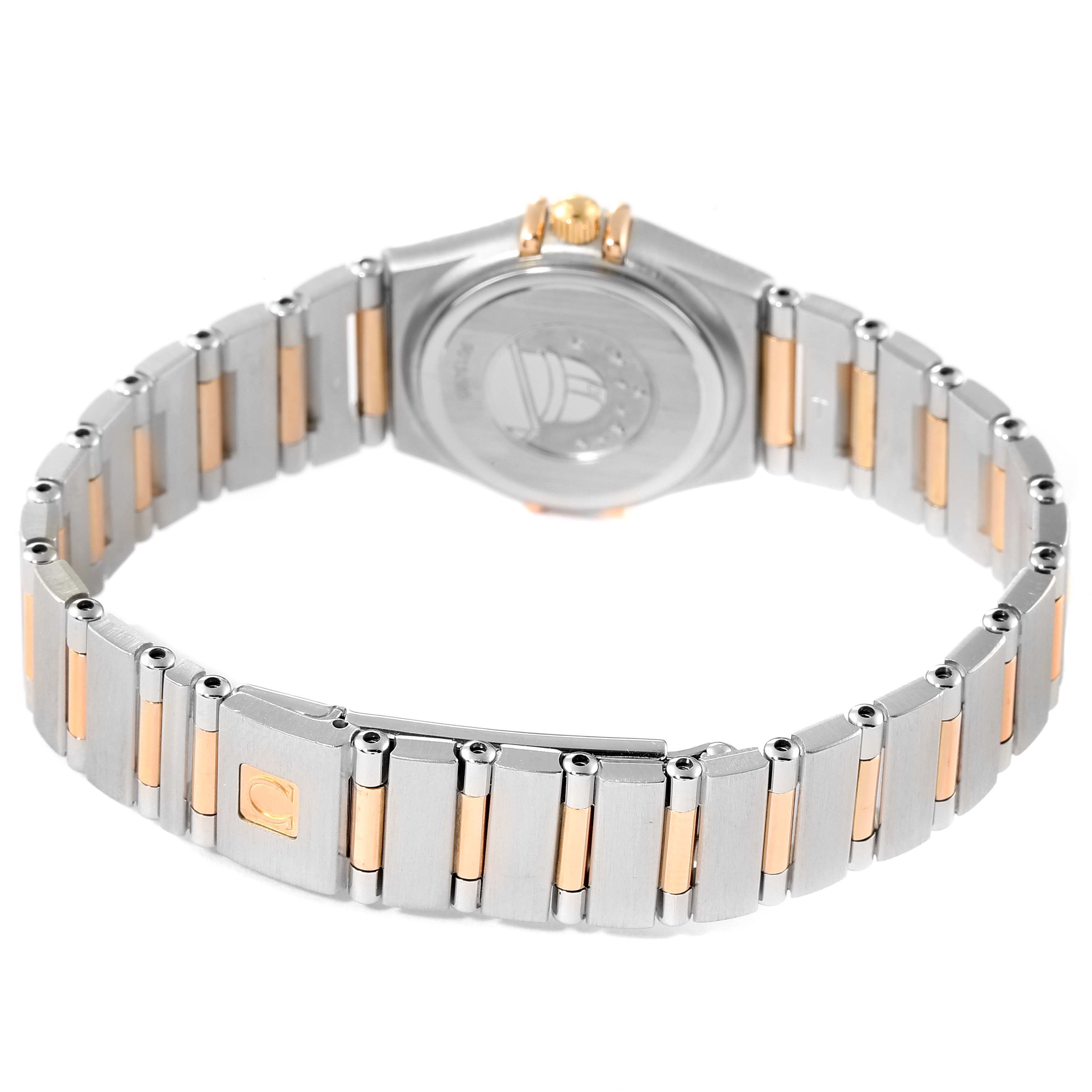 This image shows the back and partial bracelet of the Omega 1360.79.00 Women's Steel and Gold (two tone) Mother of Pearl Dial 1360.79.00 Women's Steel and Gold (two tone) Mother of Pearl Dial Constellation Iris Steel Rose Gold Mother of Pearl Ladies Watch 1360.79.00.