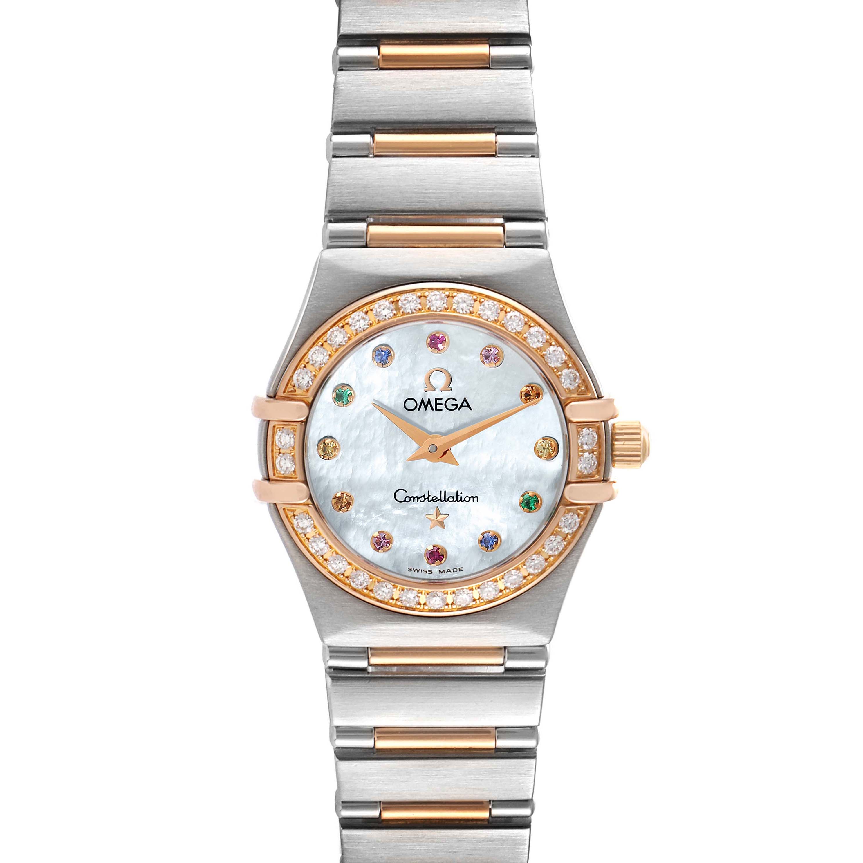The image shows a front view of an Omega 1360.79.00 Women's Steel and Gold (two tone) Mother of Pearl Dial 1360.79.00 Women's Steel and Gold (two tone) Mother of Pearl Dial Constellation Iris Steel Rose Gold Mother of Pearl Ladies Watch, model 1360.79.00.