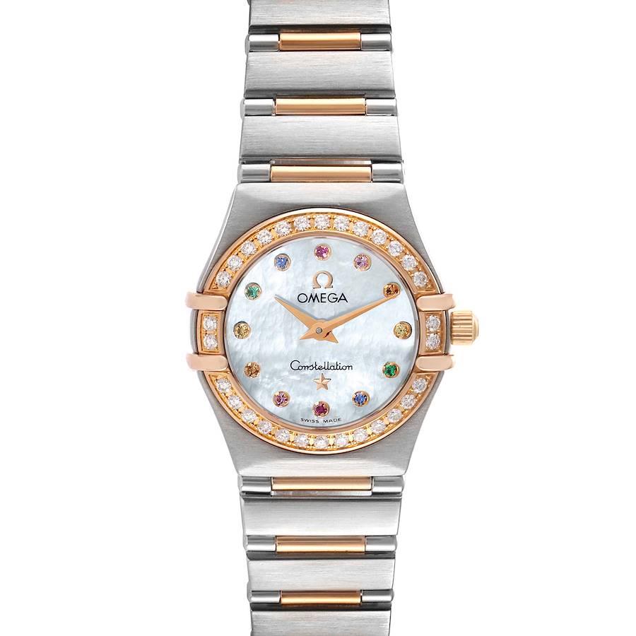 The image shows a front view of an Omega 1360.79.00 Women's Steel and Gold (two tone) Mother of Pearl Dial 1360.79.00 Women's Steel and Gold (two tone) Mother of Pearl Dial Constellation Iris Steel Rose Gold Mother of Pearl Ladies Watch, model 1360.79.00.