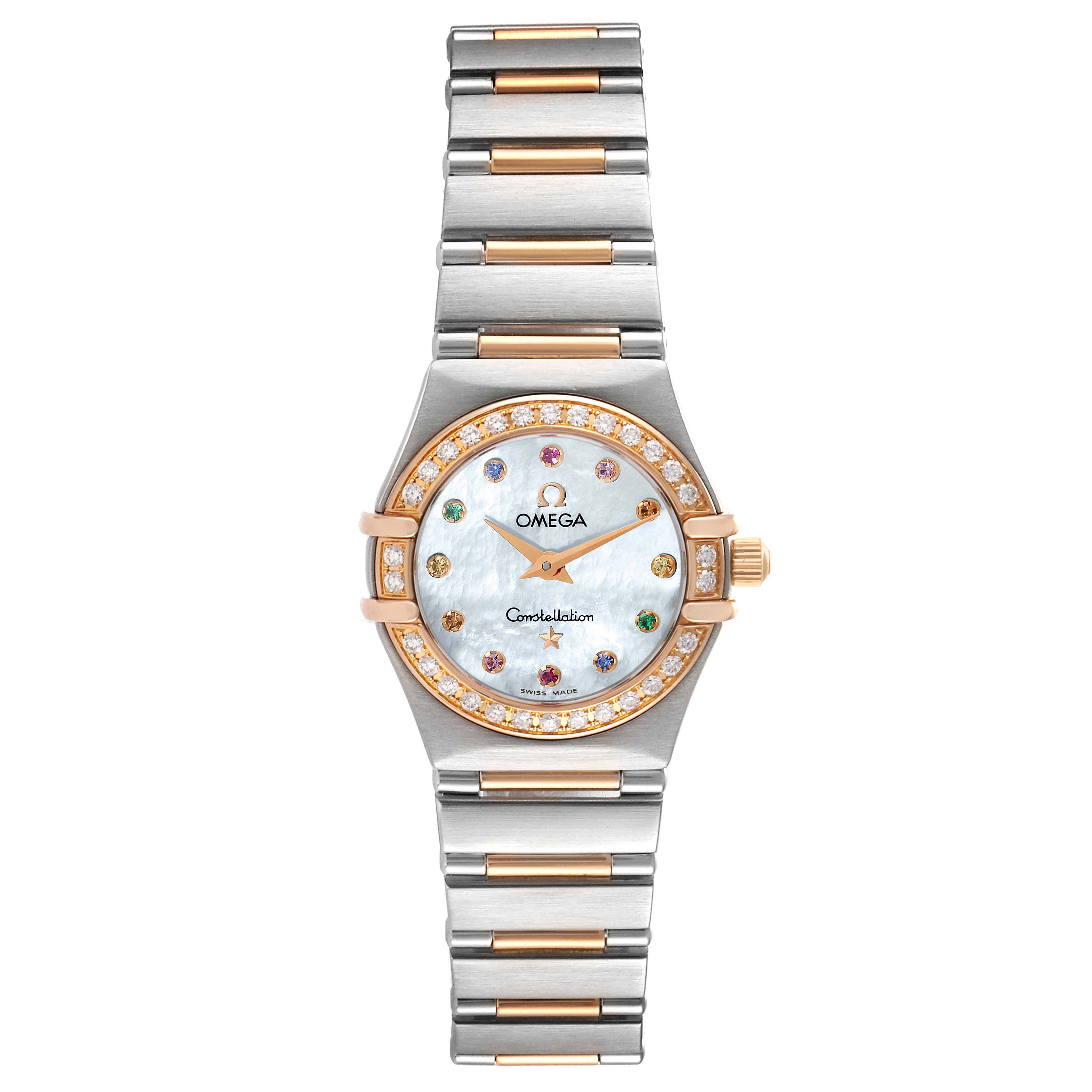 The image shows an Omega 1360.79.00 Women's Steel and Gold (two tone) Mother of Pearl Dial 1360.79.00 Women's Steel and Gold (two tone) Mother of Pearl Dial Constellation Iris Steel Rose Gold Ladies Watch 1360.79.00 from a front view, highlighting the face and bracelet.