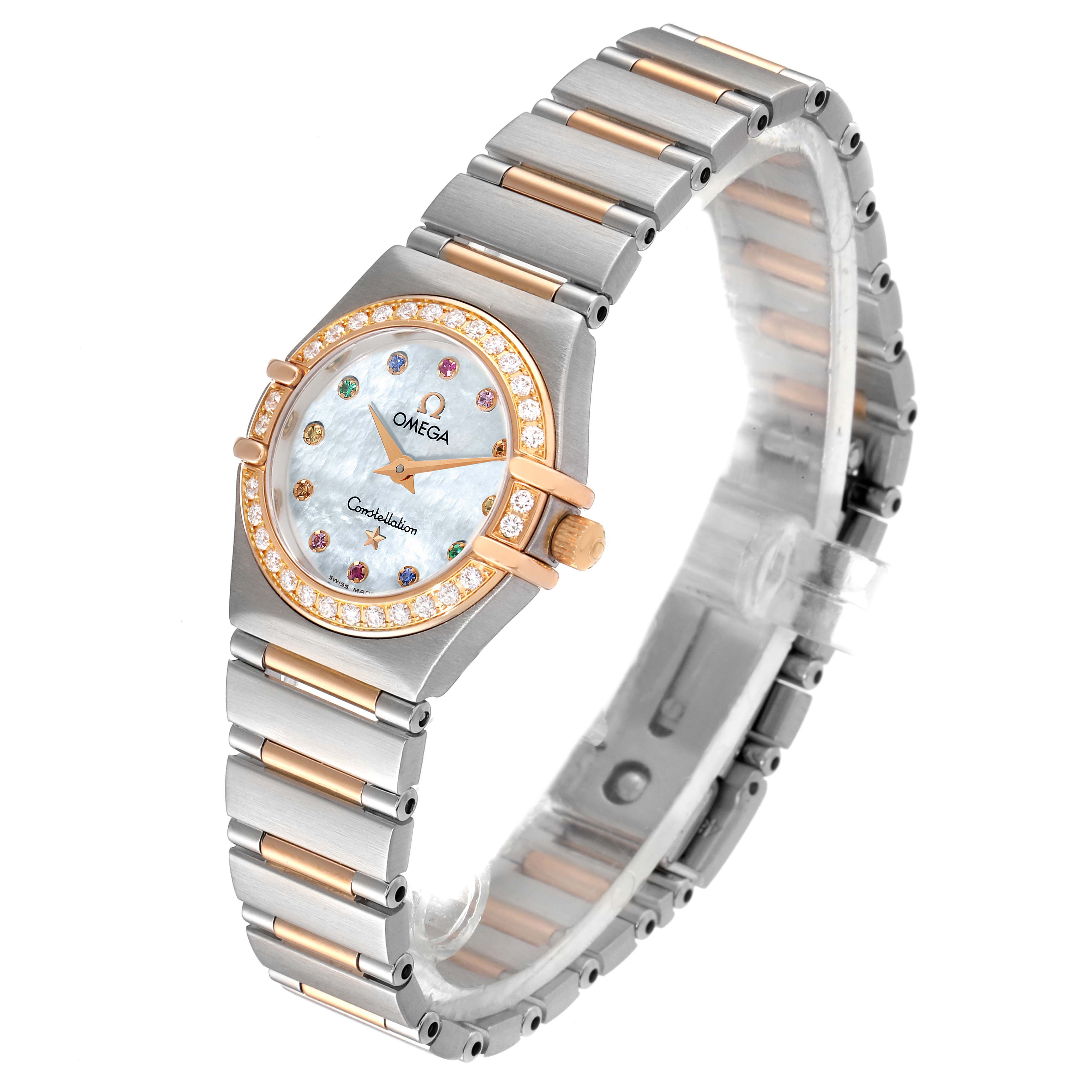 This image shows an angled front view of the Omega 1360.79.00 Women's Steel and Gold (two tone) Mother of Pearl Dial 1360.79.00 Women's Steel and Gold (two tone) Mother of Pearl Dial Constellation Iris Steel Rose Gold Mother of Pearl Ladies Watch 1360.79.00, highlighting its face, bezel, and bracelet.