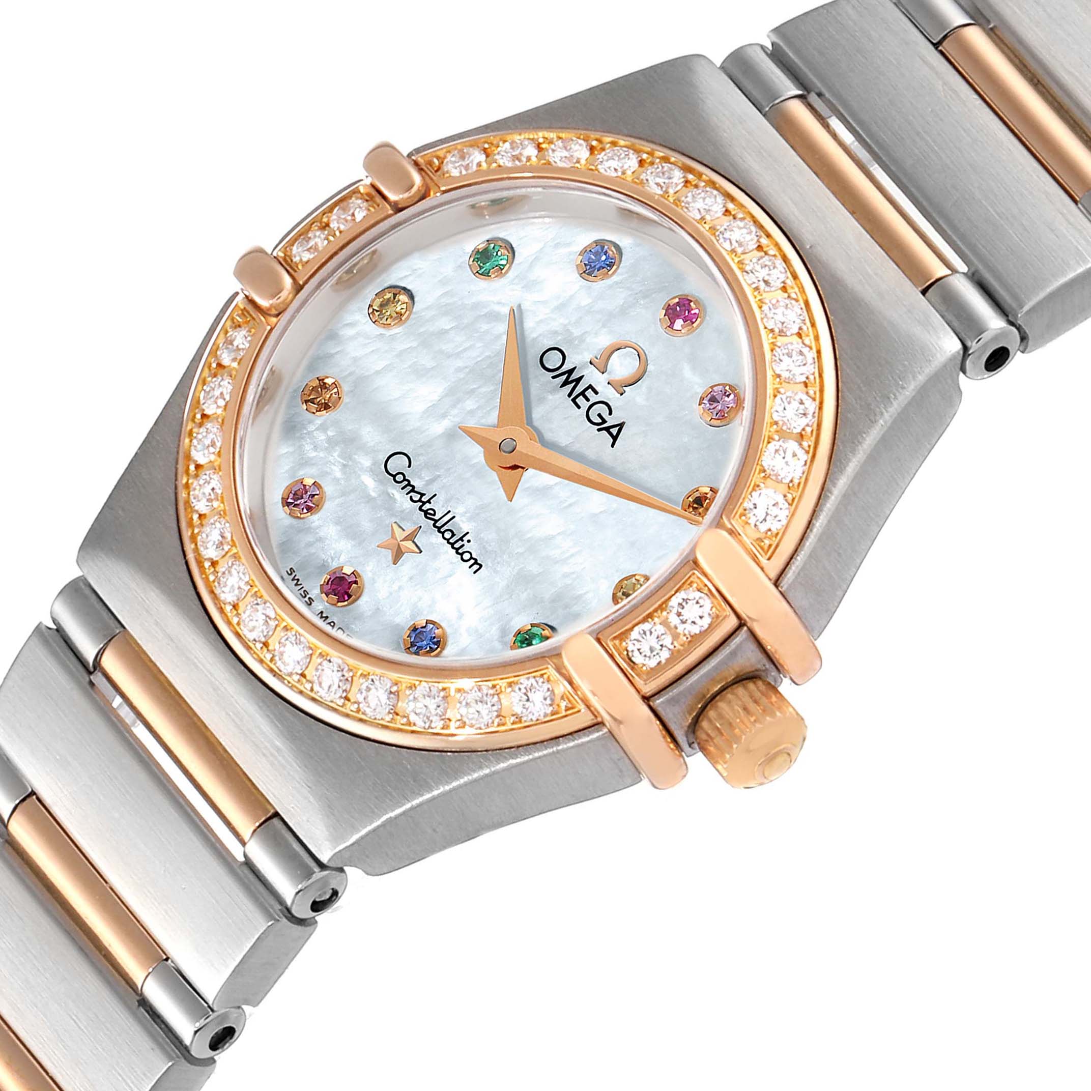 This image shows the face and part of the band of the Omega 1360.79.00 Women's Steel and Gold (two tone) Mother of Pearl Dial 1360.79.00 Women's Steel and Gold (two tone) Mother of Pearl Dial Constellation Iris Steel Rose Gold Mother of Pearl Ladies Watch 1360.79.00.