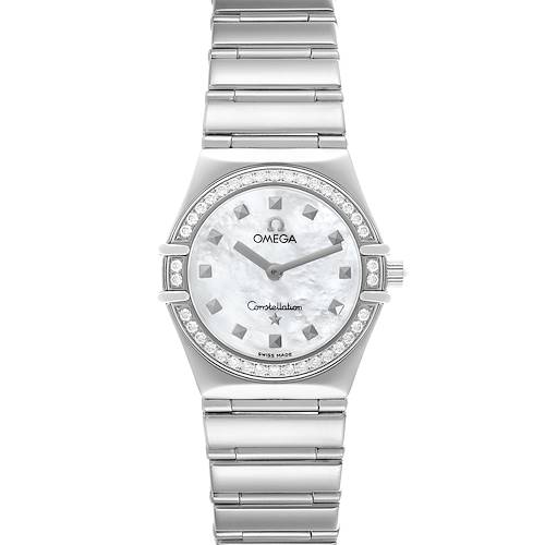 The Omega 1475.71.00 Women's Stainless Steel Mother of Pearl Dial 1475.71.00 Women's Stainless Steel Mother of Pearl Dial Constellation My Choice 1475.71.00 is shown from the front, highlighting the diamond-set bezel and dial.