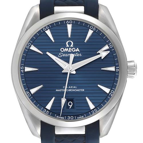 The Omega Aqua Terra 220.12.38.20.03.001 Men's Stainless Steel Blue Dial 220.12.38.20.03.001 Men's Stainless Steel Blue Dial watch is shown from the front, highlighting the dial, bezel, hands, and crown.