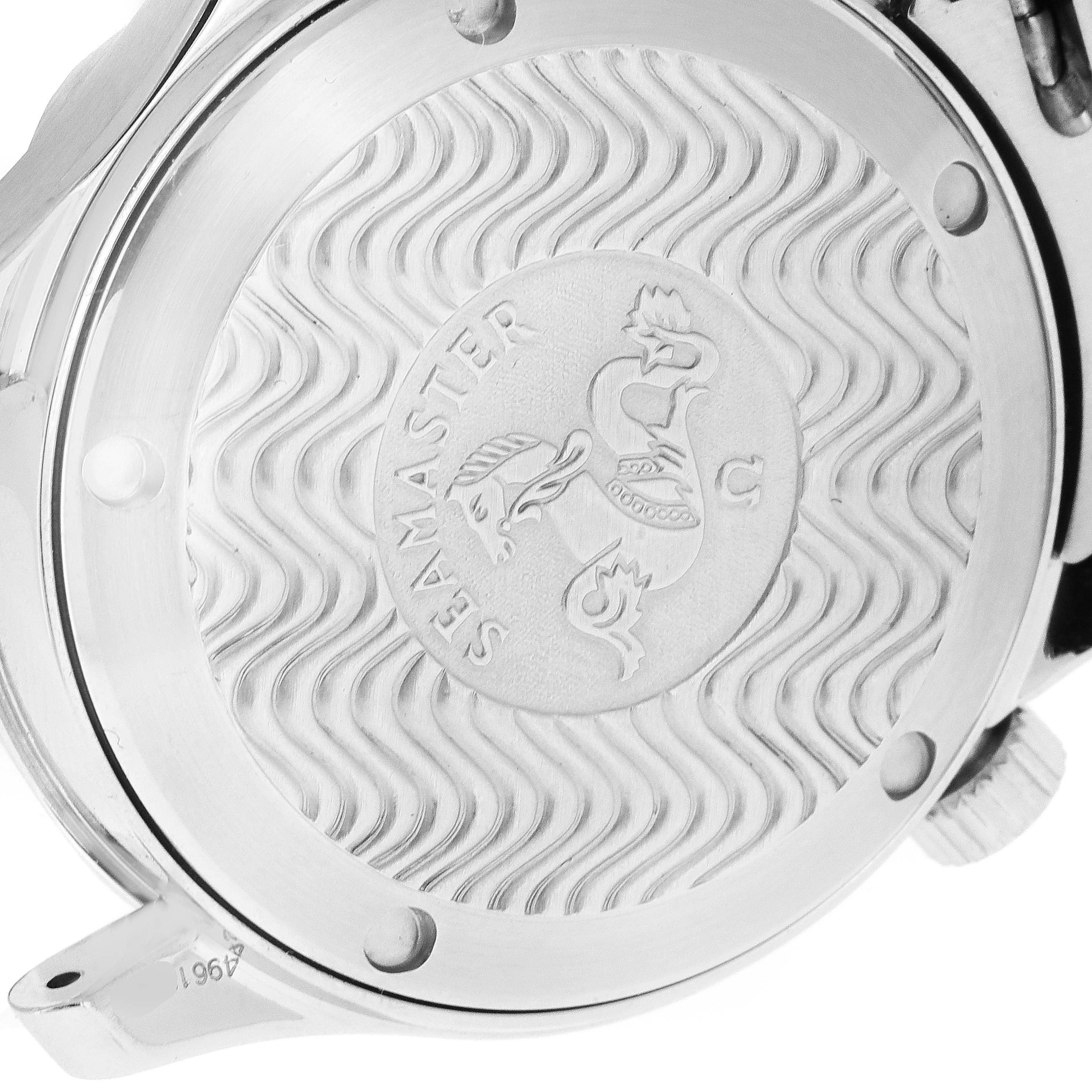 This image shows the engraved case back of the Omega Seamaster 2552.80.00 Men's Stainless Steel Blue Dial 2552.80.00 Men's Stainless Steel Blue Dial watch from a close-up angle.