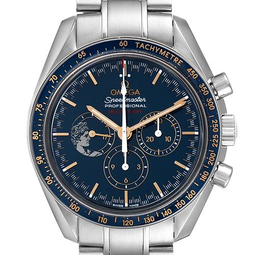 The Omega Speedmaster 311.30.42.30.03.001 Men's Stainless Steel Blue Dial 311.30.42.30.03.001 Men's Stainless Steel Blue Dial watch is shown from the front, detailing its dial, chronograph sub-dials, bezel, and stainless steel bracelet.