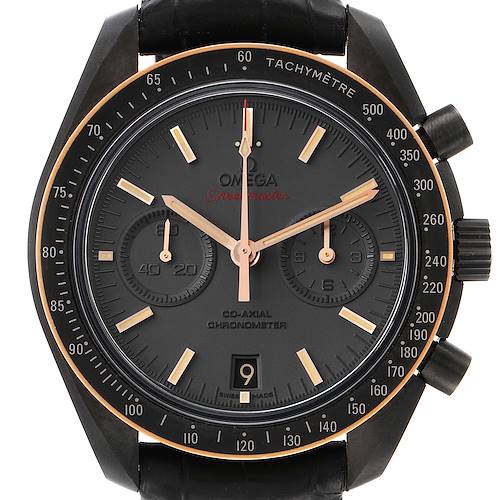 The image shows a front view of the Omega Speedmaster 311.63.44.51.06.001 Men's Ceramic Grey Dial 311.63.44.51.06.001 Men's Ceramic Grey Dial watch featuring its dial, hands, chronograph sub-dials, and tachymeter bezel.