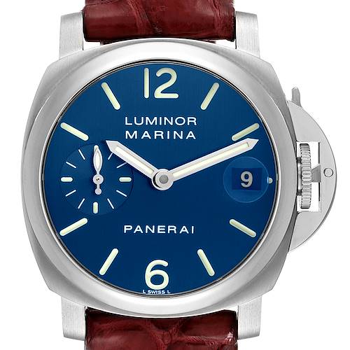 The image shows a front view of the Panerai Luminor PAM00119 Men's Stainless Steel Blue Dial PAM00119 Men's Stainless Steel Blue Dial Marina watch, displaying the dial, hands, crown, and date window.