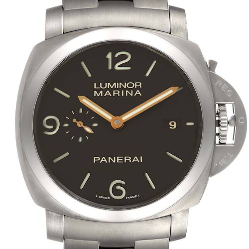 The image shows a front view of the Panerai Luminor PAM00352 Men's Titanium Brown Dial PAM00352 Men's Titanium Brown Dial Marina watch, displaying the dial, hands, crown guard, and part of the bracelet.