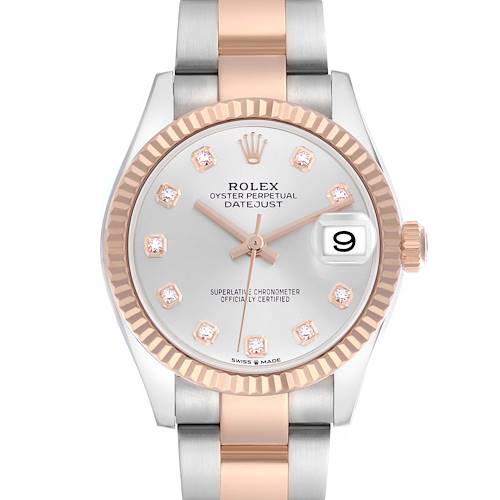 The Mid-Size Rolex Datejust is shown from the front, displaying the dial, bezel, and part of the bracelet.