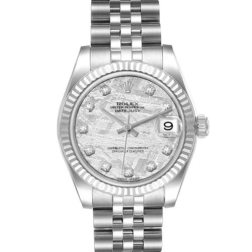 The image shows the front view of a Mid-Size Rolex Oyster Perpetual Datejust watch, displaying the dial, bezel, and bracelet.