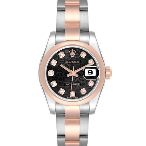 The Rolex Datejust 179161 Women's Steel and Gold (two tone) Black Dial 179161 Women's Steel and Gold (two tone) Black Dial watch is shown from a front angle, highlighting the dial, bezel, bracelet, and date feature.