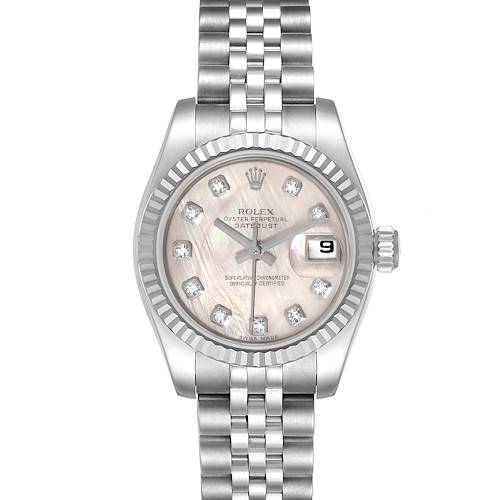 The image shows a top view of the Rolex Datejust 179174 Women's Stainless Steel Mother of Pearl Dial 179174 Women's Stainless Steel Mother of Pearl Dial watch, featuring the dial, bezel, crown, and part of the bracelet.